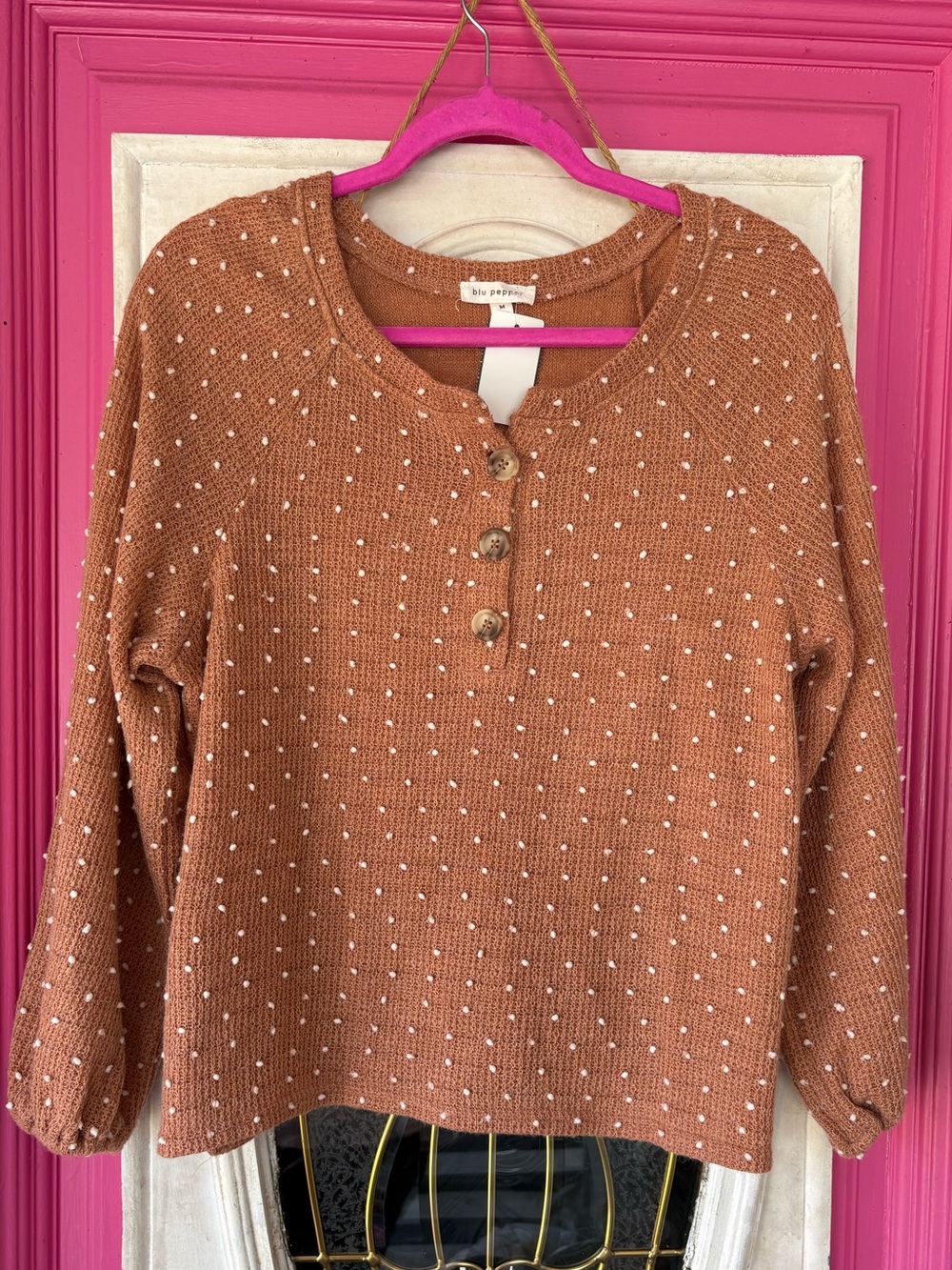 Blu Pepper Rust Brown Polka Dot Henley Sweater